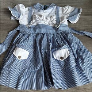Kids Blue and White Striped Dress with Embroidery